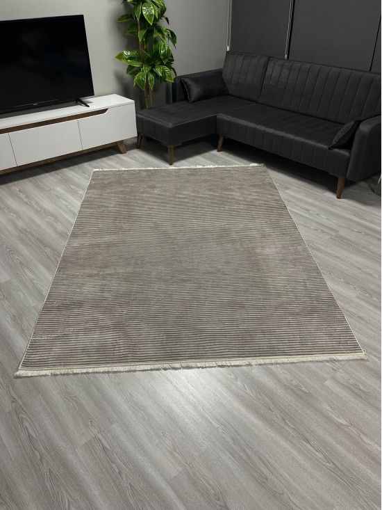Çizgili Vizon Bambu Lüx Halı