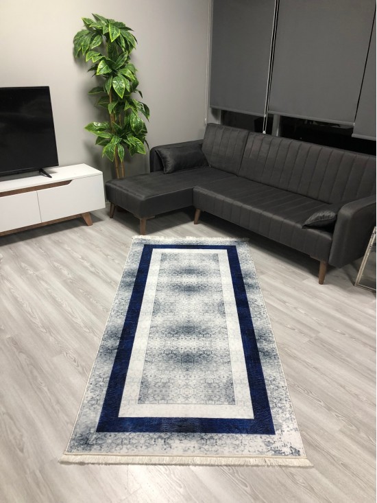 Mavi Çerceve Bambu Lüx Halı