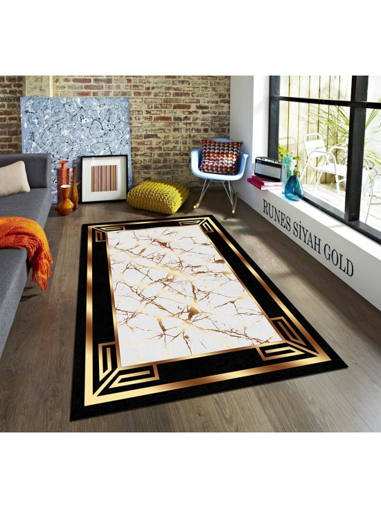 Runes Siyah-Gold Deri Taban Halı