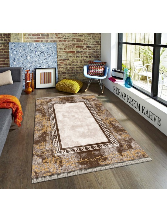Serap Krem-Kahve Deri Taban Halı